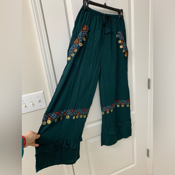 Teal / Petroleum Green Hobo Embroidered Wide Leg Pants - Picture 15 of 17